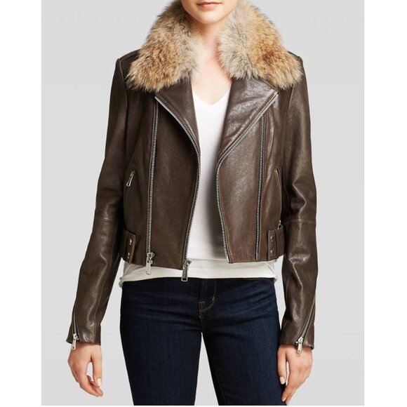 Andrew Marc x Richard Chai Beth Leather Moto Jacket Coyote Fur Brown Size Small - Picture 1 of 4